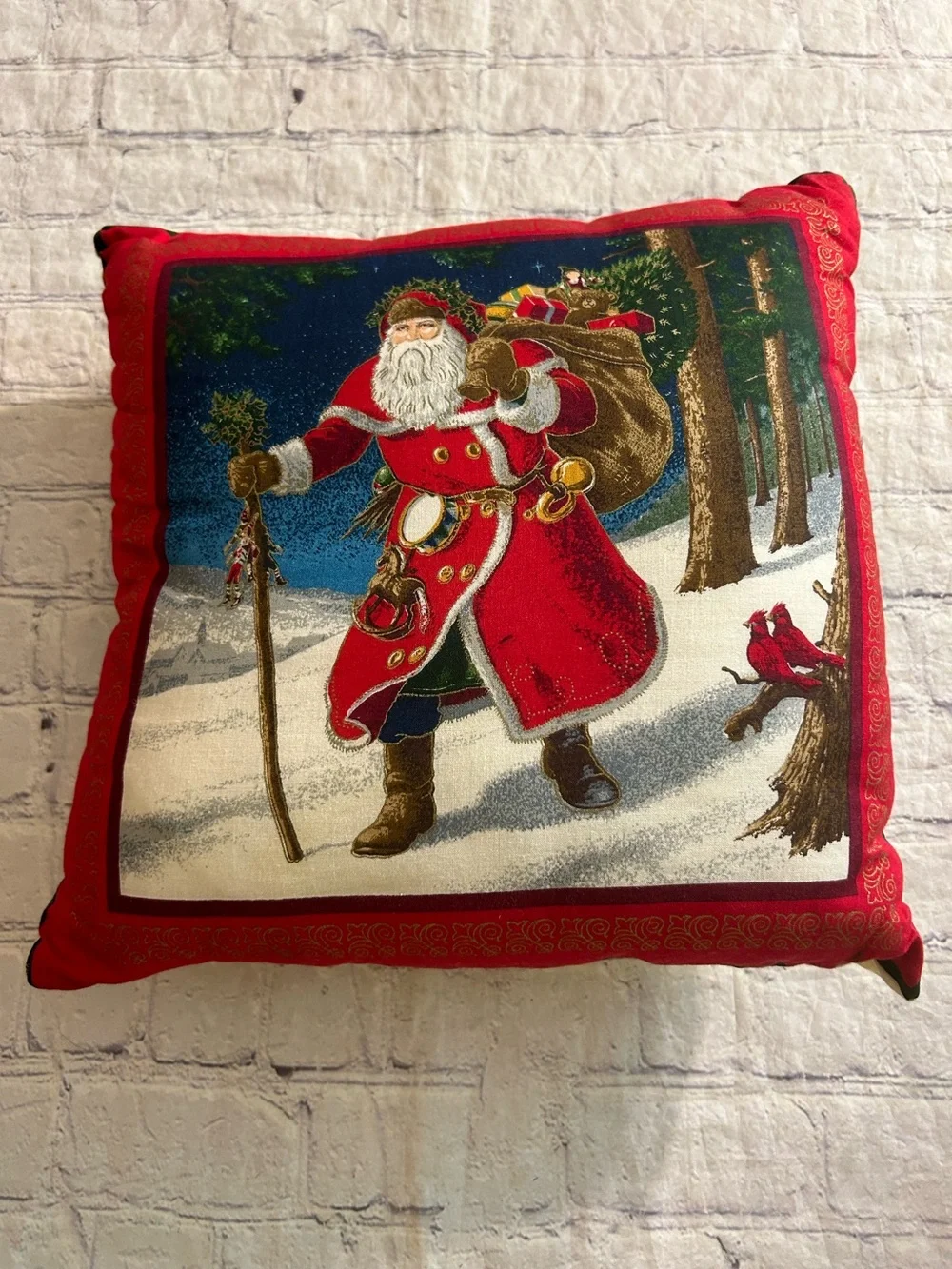 VTG SANTA CLAUS TRADITIONAL OLD WORLD THROW PILLOW SANTA WALKING IN SNOWY FOREST